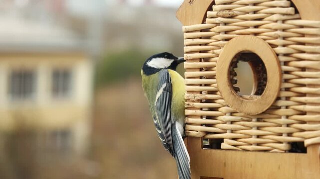 Rustic woven bird feeder designed for outdoor use, attracting small birds such as tits. Detailed craftsmanship featuring natural materials blends with garden or backyard environments.