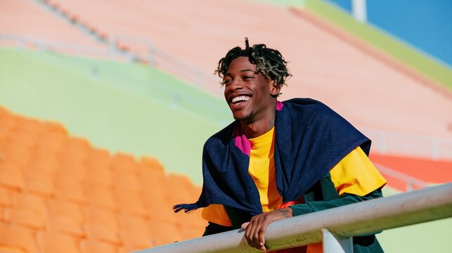 Smiling football fan leaning on a stadium rail with a woven supporter scarf, featuring soft lighting and vibrant textures for sports and lifestyle campaigns