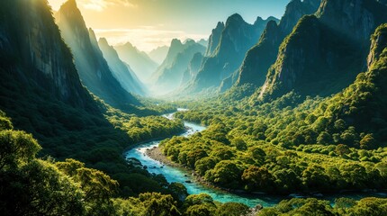 Obraz premium Sunlight streams into a green valley between tall mountains. A river flows through the forested landscape. Scenic mountain peaks rise against a blue sky. Lush nature view.