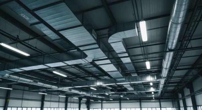 Industrial ceiling with complex network of ventilation ducts and lighting fixtures