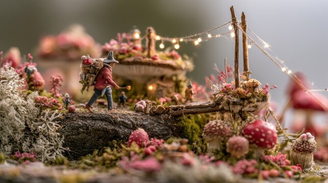 A small figure walks along a path in a miniature mushroom forest filled with tiny details and vibrant colors.