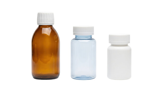 Medical pill bottles set, amber glass and plastic medicine containers, pharmaceutical packaging for healthcare products on white