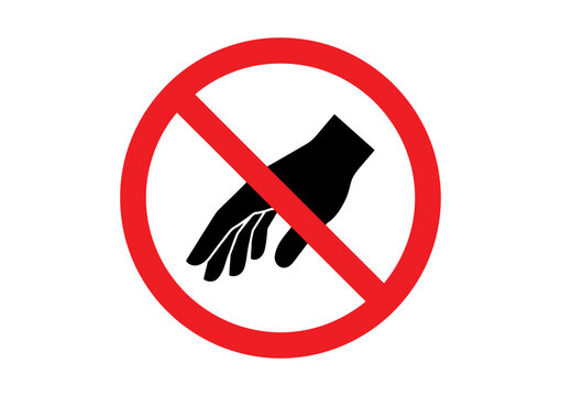 Prohibition sign with hand silhouette, do not touch warning icon, red circle with slash for safety and restricted access