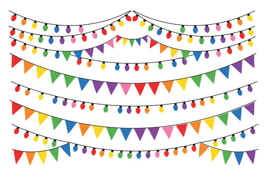 Colorful party bunting and string lights vector, festive rainbow pennant flags, decorative holiday garland set for celebrations