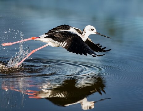 elegant black and white stilt bird leaping over water surface capturing a dynamic splash and reflection