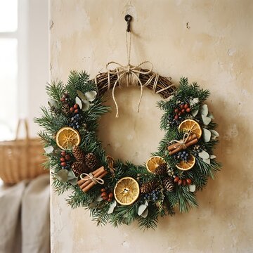 Christmas wreath photo with dried orange slices, pinecones, cinnamon sticks and fir branches