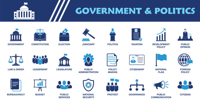 Government & Politics Icon Set. Collection of Elections, Law & Order, Public Administration, Leadership, Citizenship, Policy and More Icons. Editable Vector Illustration.