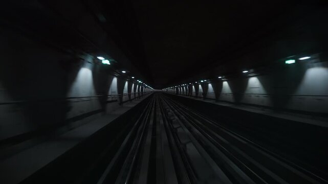 Front train POV moves through an underground metro tunnel then emerges onto an open railway corridor beside streetlights and apartment buildings at night