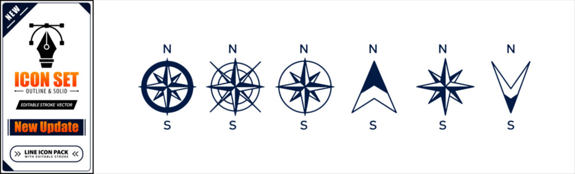 Navigation compass icon set with cardinal directions for travel and direction finding themes. Minimalist update icon set