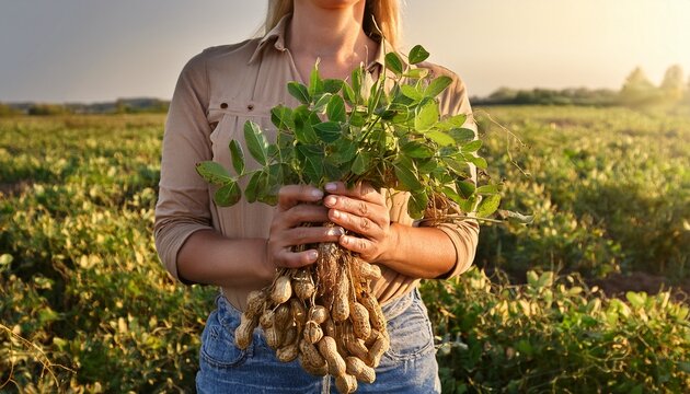 farmer holding a freshly harvested peanut plant with peanuts attached to the roots in a field