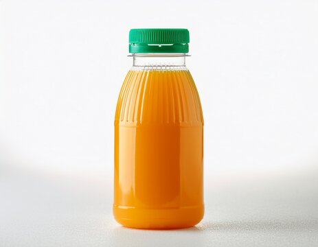 fresh orange juice in plastic bottle with green screw cap on white background