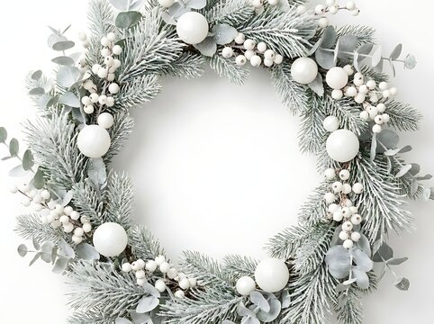 Christmas wreath photo with frosted pine branches, white berries, and ornaments on a white background