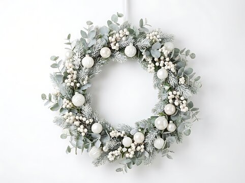Christmas wreath photo with frosted foliage, white berries, and ornaments
