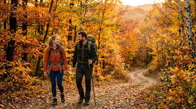 A couple hiking on a path through a vibrant autumn forest, surrounded by trees with golden and orange leaves