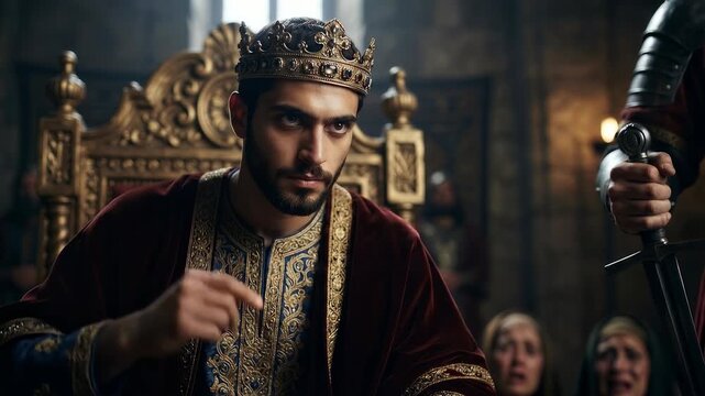 king solomon sitting on his golden throne wearing a majestic crown and crimson velvet robe makes his wise final decision during the dramatic biblical trial surrounded by weeping women 