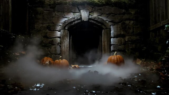 Haunted Pumpkin Gate Surrounded by Fog at Night.