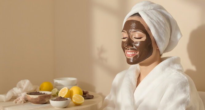A smiling woman with a dark clay mud mask on her face enjoying a wellness spa treatment. Concept of natural beauty skincare, organic facial cosmetics, and National Mud Pack Day celebration.