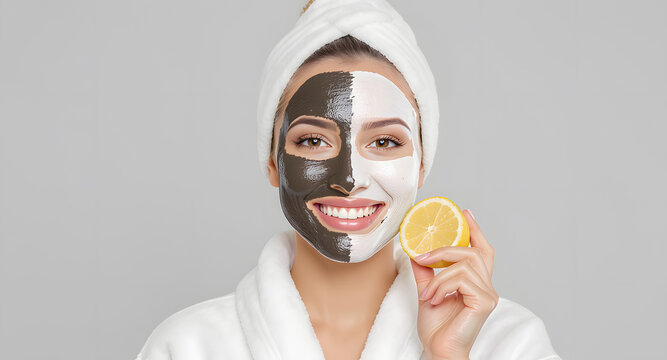 A smiling woman with dual black and white clay masks on her face holding a lemon slice in a spa. Concept of charcoal detox, brightening skincare treatment, and National Mud Pack Day wellness.