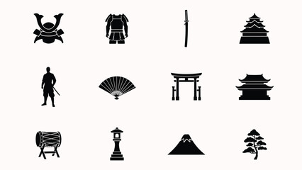 Naklejka premium Traditional cultural symbols and attire set against minimalist black background with clothing architectural elements silhouette icons traditional traditionalist architecture