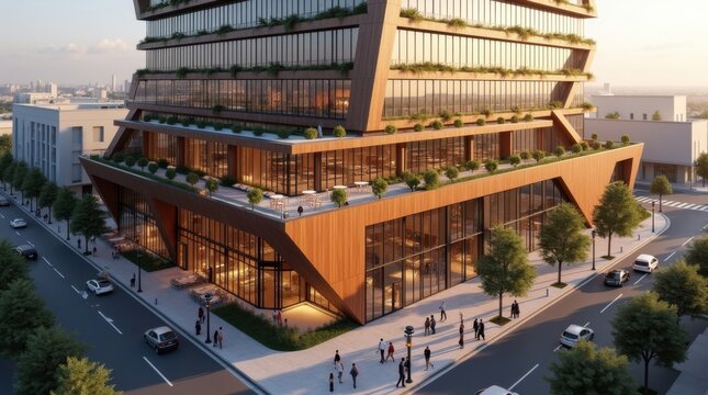 Edificio de oficinas de alta gama fotografiado desde una perspectiva elevada; arquitectura de cristal con &aacute;ngulos impactantes