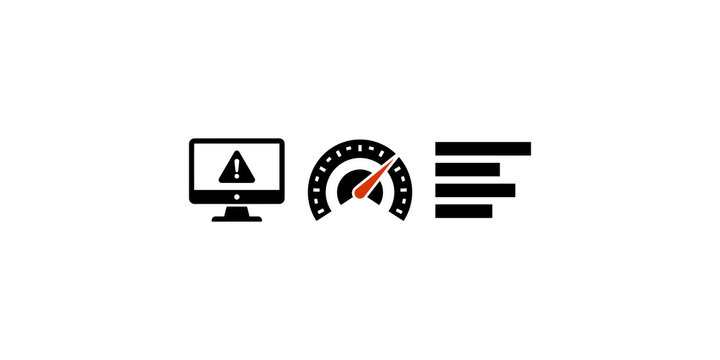 Industrial monitoring and system diagnostic icons featuring computer screen error gauge and data bars for analytics.