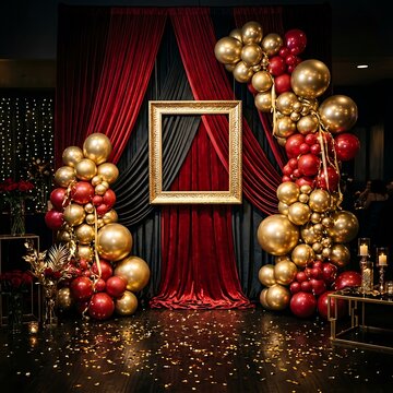 Elegant happy birthday party backdrop with gold and red balloons and a vintage picture frame