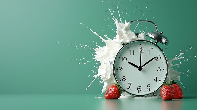Green alarm clock splashing with strawberries.