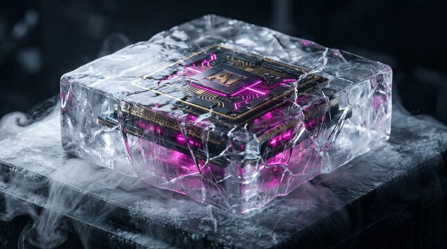Supercooled Advanced Microchip Encased In Ice Block Concept