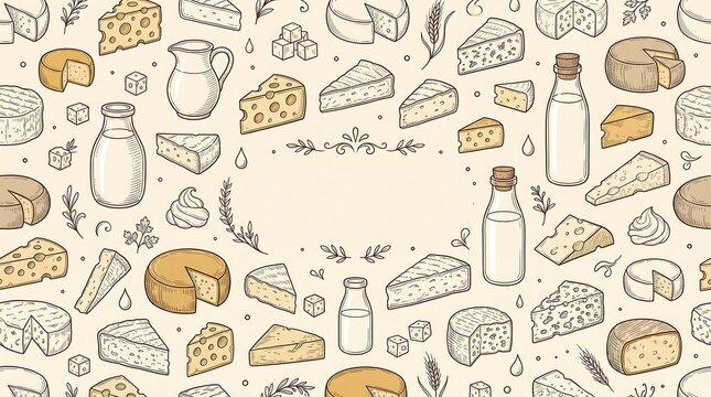 Hand drawn cheese pattern background with various types of cheese and wine bottles and empty space