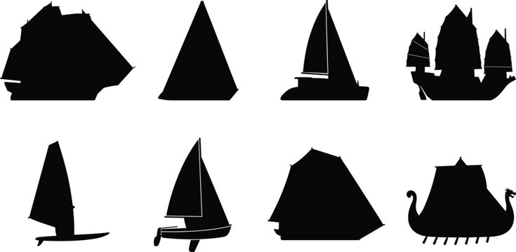 Sailboat and historic sailing ships silhouettes collection including yacht junk boat drakkar and windsurfer isolated on white background