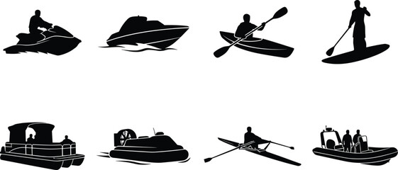 Watercraft and water sports silhouettes set including jet ski speedboat kayak paddleboard pontoon boat hovercraft and rowing scull vector illustration isolated on white background © Black Coffee