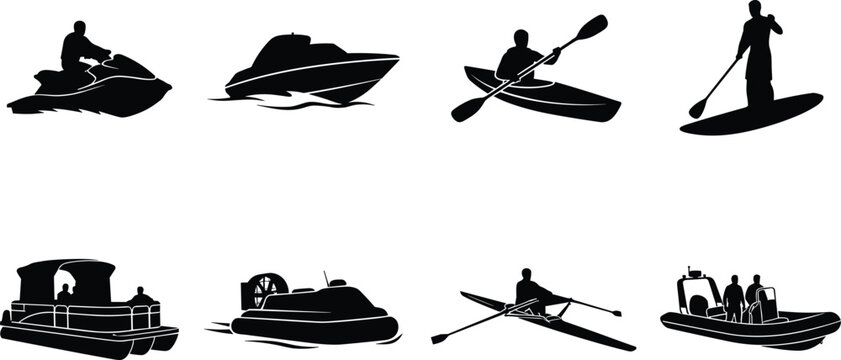 Watercraft and water sports silhouettes set including jet ski speedboat kayak paddleboard pontoon boat hovercraft and rowing scull vector illustration isolated on white background
