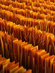 Obraz premium Rows of layered paper strips form a wheat field using an amber color palette for a harvest craft display. The work shows fine details in design.