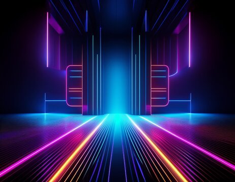 3d technology abstract neon light background empty space scene spotlight dark night virtual reality cyber futuristic sci fi background street floor studio for mock up colored geometric