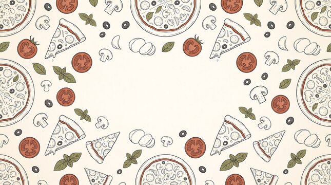 Seamless pattern background featuring hand drawn pizza slices and whole pizzas with fresh herbs and tomatoes