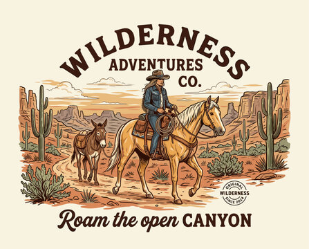 Vintage wilderness adventures cowgirl illustration. Roam the open canyon landscape. Western horse riding and pack mule trail.