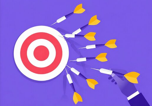 Colorful target board with flying arrows in vibrant purple background