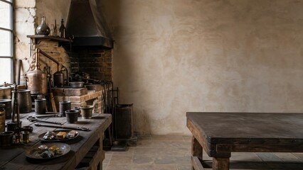 Obraz premium Mysterious medieval alchemist room with antique tools and stone walls