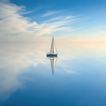 White Sailboat Floating on a Mirror Like Ocean Under a Blue Sky