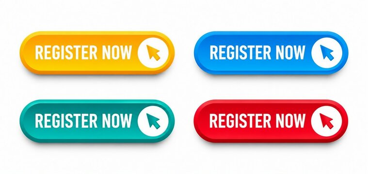 Colorful register now call to action buttons with play icon