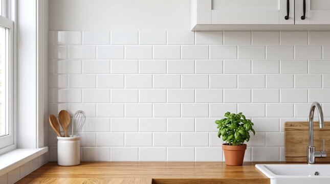 Modern Kitchen Interior with White Subway Tile Backsplash and Wooden Countertop