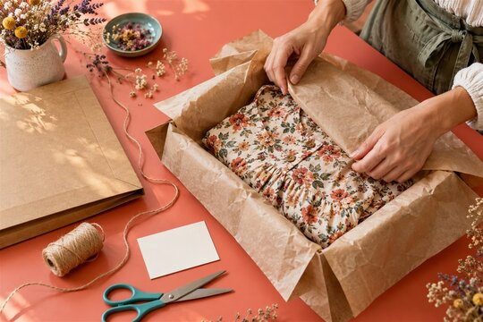 Woman packing floral dress in sustainable gift box