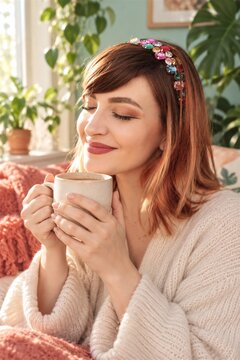 Woman enjoying a warm drink in cozy sunlit home