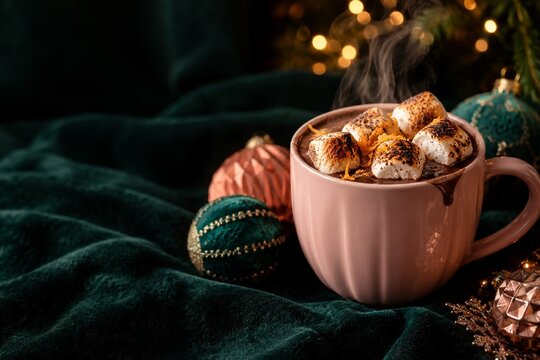 Hot chocolate with toasted marshmallows and holiday ornaments