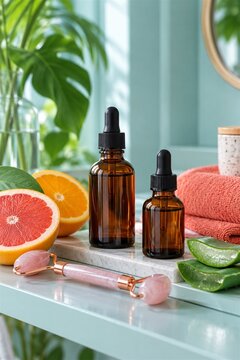 Natural skincare serums with citrus aloe and facial roller