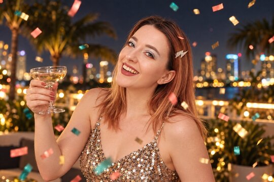 Woman celebrating with champagne and confetti in tropical city