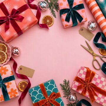 Colorful Christmas gifts and velvet ribbons on pink background
