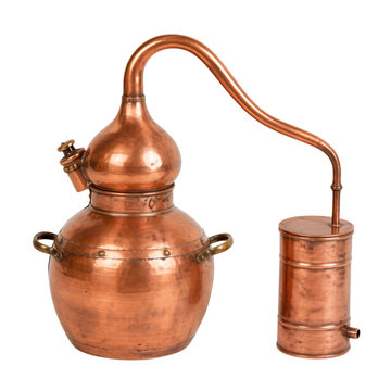 Vintage copper alembic still for alchemy and distillation isolated on transparent background PNG element