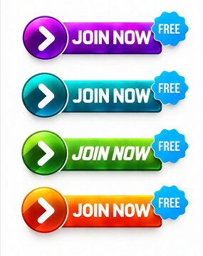 Colorful join now free button with arrow icons set
