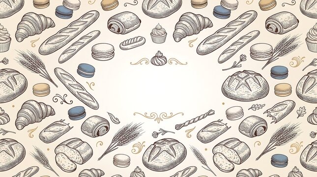 Hand drawn bakery background with various types of bread and pastries featuring a central copy space